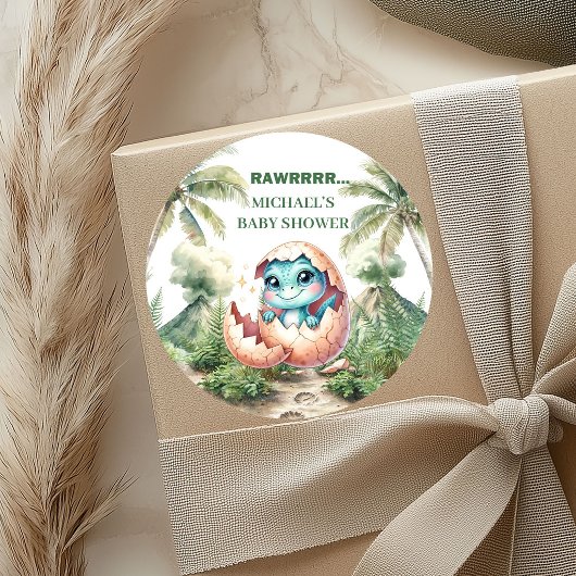 Hatching Soon Baby Shower Stickers Dino Theme ラウンドシール