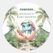 Hatching Soon Baby Shower Stickers Dino Theme ラウンドシール (正面)