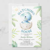 Hatching Soon Boy Dinosaur Baby Shower 招待状 (正面)