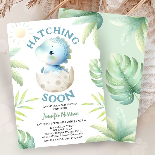 Hatching Soon Boy Dinosaur Baby Shower 招待状