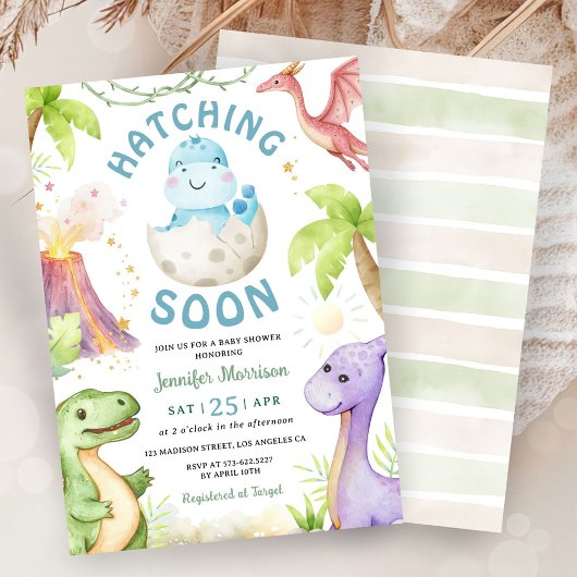 Hatching Soon Boy Dinosaur Baby Shower 招待状