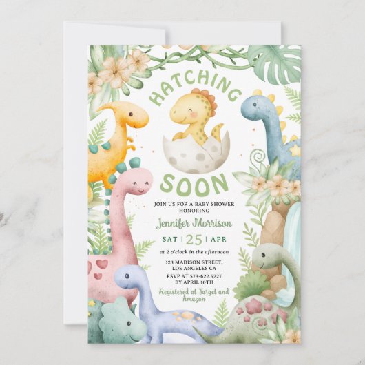 Hatching Soon Dino Baby Shower Gender Neutral 招待状 (正面)