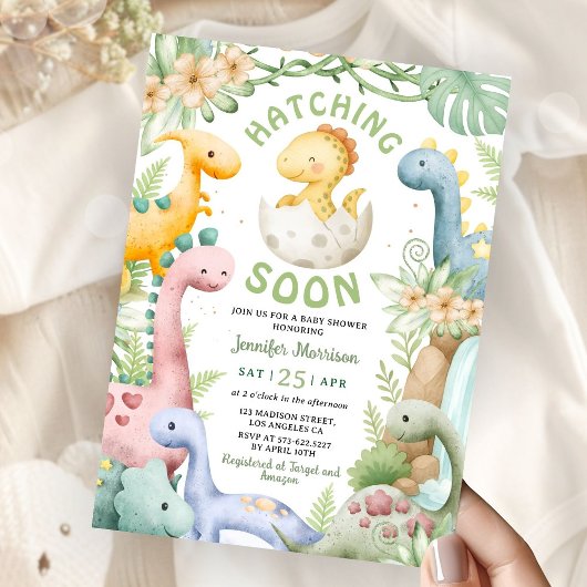 Hatching Soon Dino Baby Shower Gender Neutral 招待状