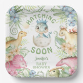 Hatching Soon Dino Boy Dinosaur Baby Shower ペーパープレート (正面)