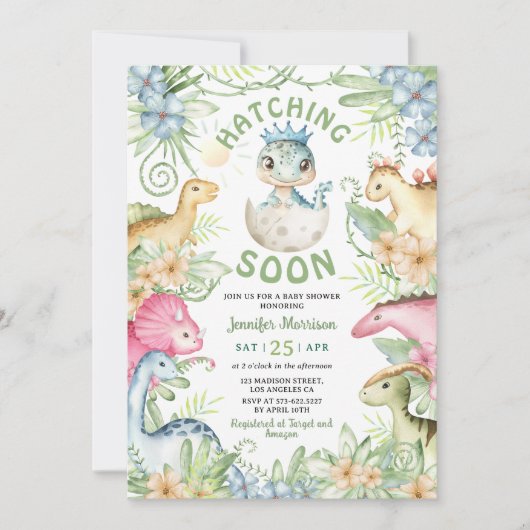 Hatching Soon Dino Boy Dinosaur Baby Shower 招待状 (正面)