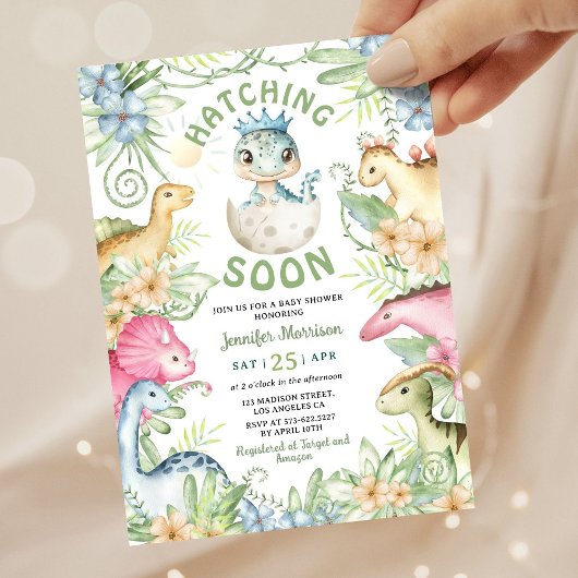 Hatching Soon Dino Boy Dinosaur Baby Shower 招待状