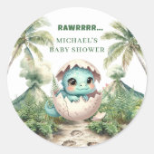 Hatching Soon Dino Egg Baby Shower Stickers ラウンドシール (正面)