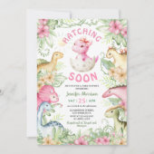 Hatching Soon Dino Girl Dinosaur Baby Shower 招待状 (正面)