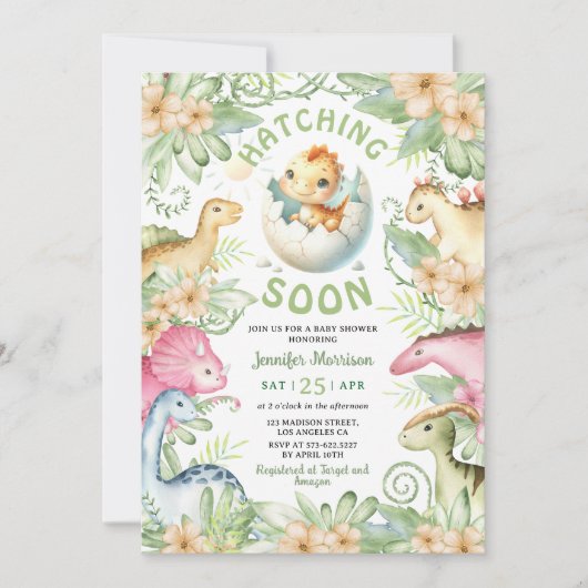 Hatching Soon Dinosaur Baby Shower Gender Neutral 招待状 (正面)