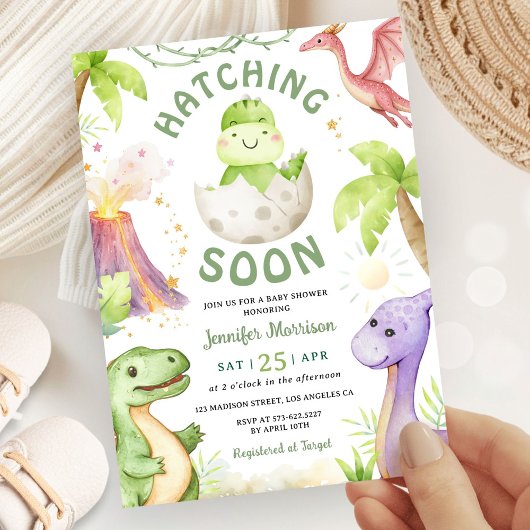 Hatching Soon Dinosaur Baby Shower Gender Neutral 招待状