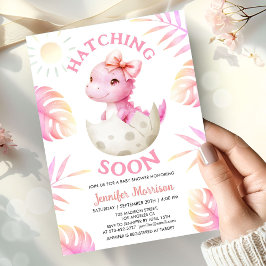 Hatching Soon Dinosaur Baby Shower Girl Pink 招待状