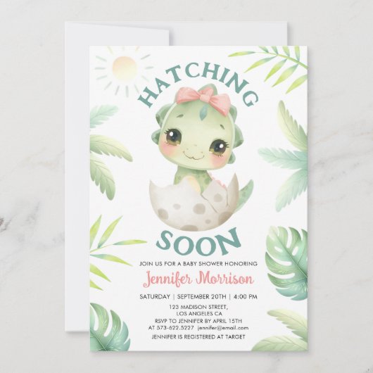 Hatching Soon Dinosaur Baby Shower Girl Pink Bow 招待状 (正面)