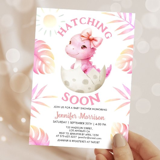 Hatching Soon Dinosaur Baby Shower Girl Pink Dino 招待状