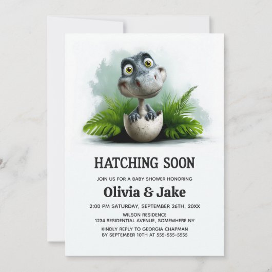 Hatching Soon Dinosaur Baby Shower Invitation 招待状 (正面)