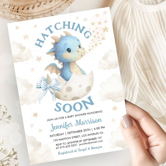 Hatching Soon Dragon Baby Shower Boy Dusty Blue  招待状