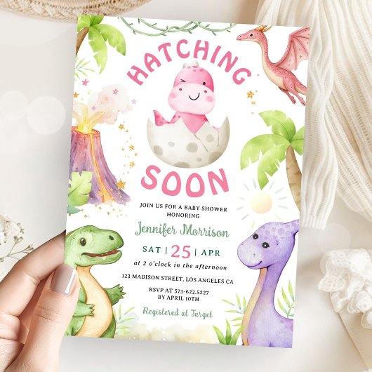 Hatching Soon Girl Dinosaur Baby Shower 招待状