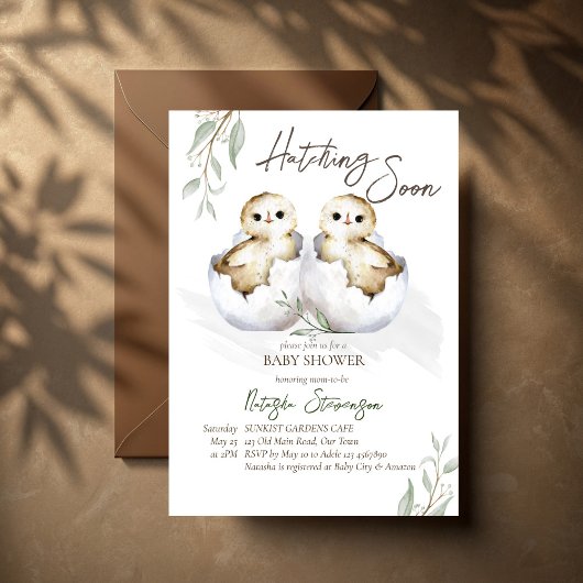 Hatching soon little bird inside egg baby shower 招待状