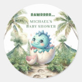 Hatching Soon Shower Stickers Baby Dino Theme ラウンドシール (正面)