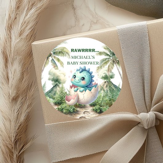 Hatching Soon Shower Stickers Baby Dino Theme ラウンドシール