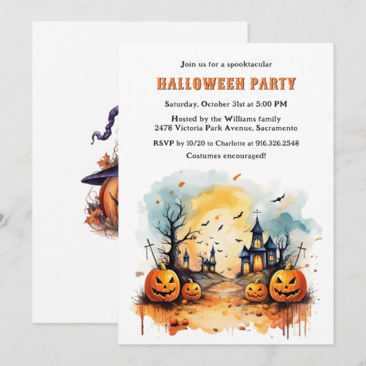Haunted Graveyard Jack O’Lanterns Halloween Party 招待状 (正面/裏面)
