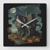 Haunted Halloween House with Pumpkins & Full Moon スクエア壁時計 (正面)