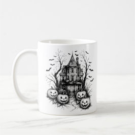 Haunted House Black and White Halloween コーヒーマグカップ