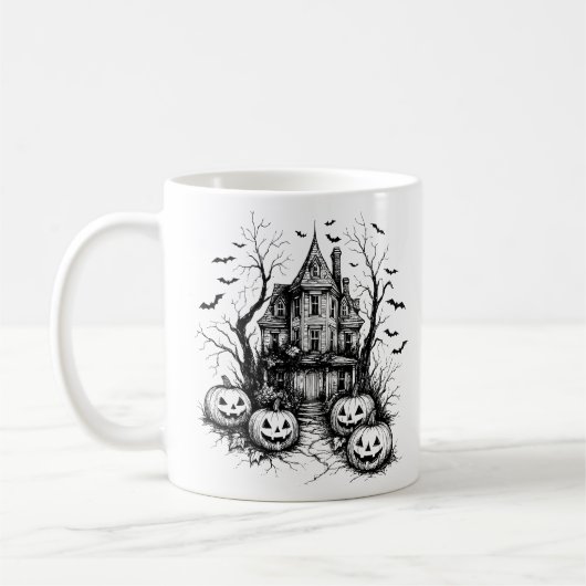 Haunted House Black and White Halloween コーヒーマグカップ (左)