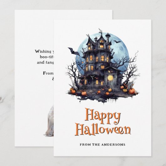 Haunted House Ghost Bats Halloween Card シーズンカード (正面/裏面)