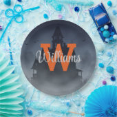Haunted House Halloween Decor Custom Monogram ペーパープレート (パーティー)