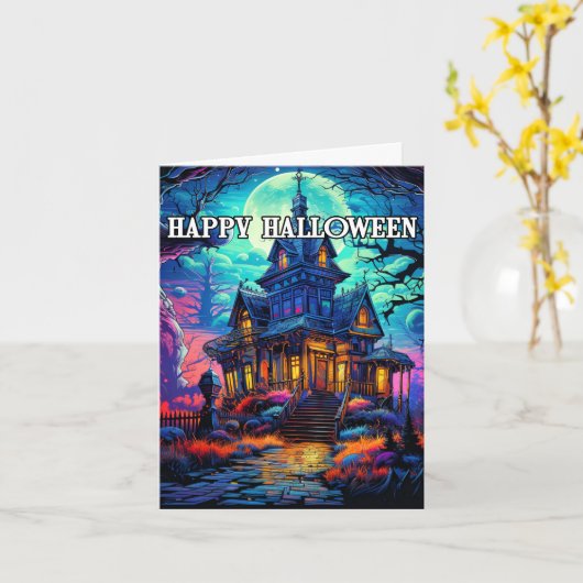 Haunted House Happy Halloween カード (黄色い花)