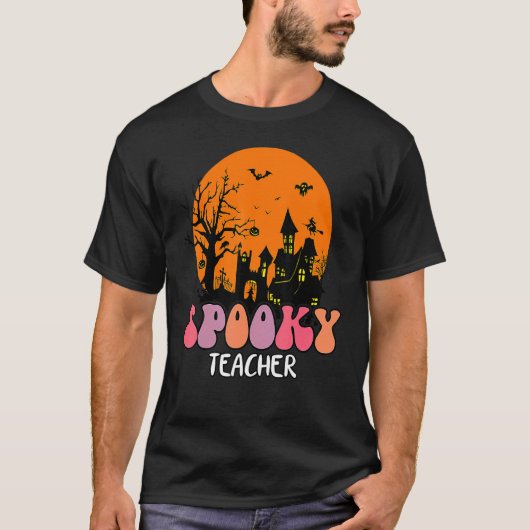 Haunted House Moon Night Groovy Spooky Teacher 4 Tシャツ (正面)