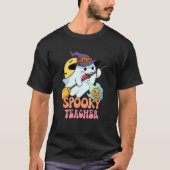 Haunted House Moon Night Groovy Spooky Teacher Tシャツ (正面)
