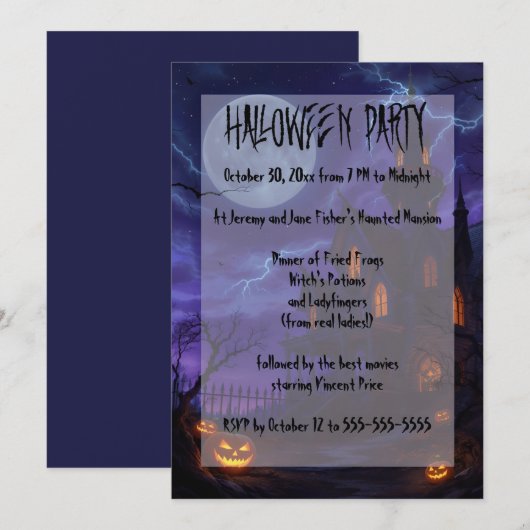Haunted House on a Stormy Night Halloween Party 招待状 (正面/裏面)