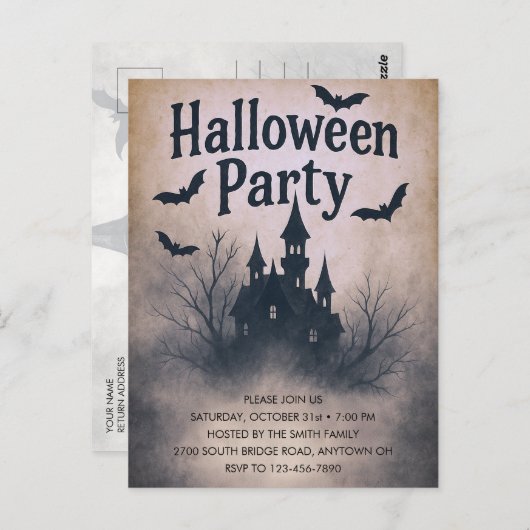 Haunted Manor Halloween Party Invitation ポストカード (正面/裏面)