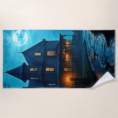 Haunted Mansion Blue Moonlight Night Design ビーチタオル (正面)