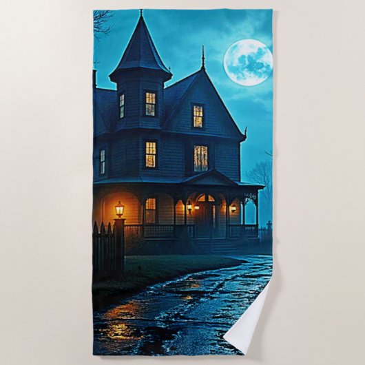 Haunted Mansion Blue Moonlight Night Design ビーチタオル (正面)