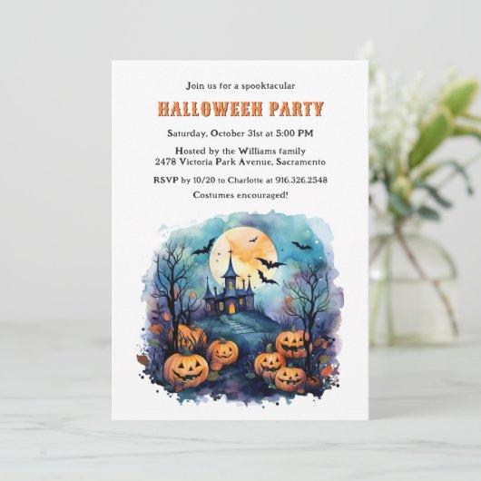 Haunted Mansion Moon Bats Pumpkins Halloween Party 招待状 (スタンド正面)