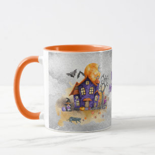 Haunted Purple Gnome House With Ghost Bats & Cats マグカップ