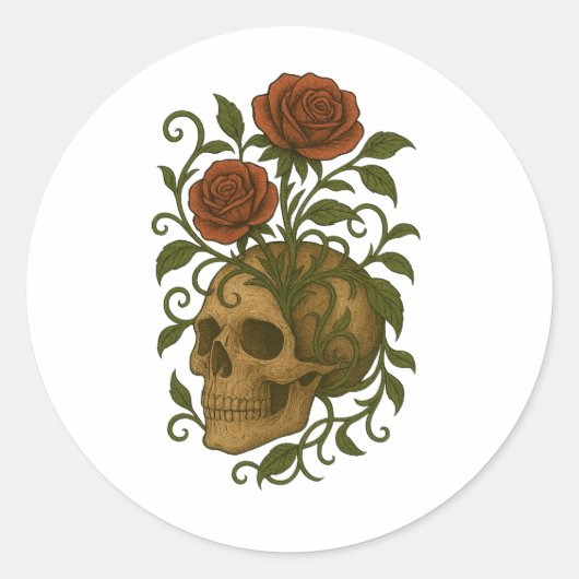 Haunting Beauty Skull and Roses Halloween Art ラウンドシール (正面)