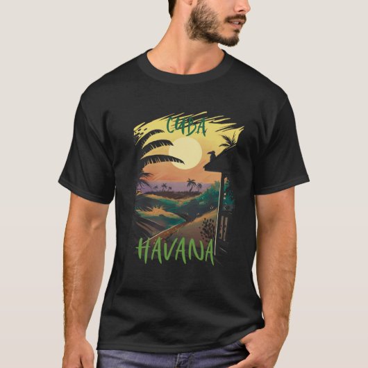 Havana Cuba Palm trees Beach Ocean Surfing Hispani Tシャツ (正面)