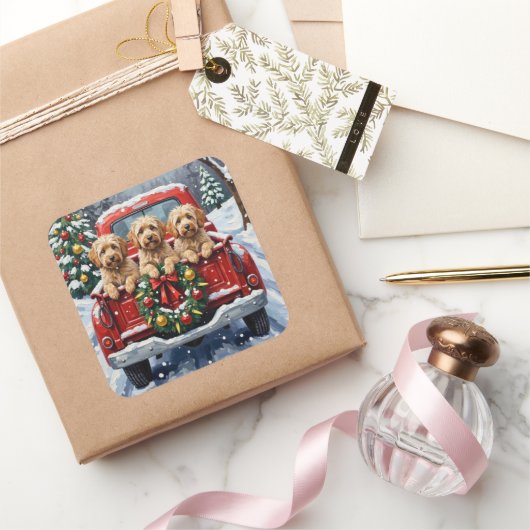 Havanese Christmas Red Truck Holiday スクエアシール (ギフト)