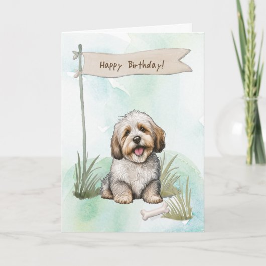 Havanese Dog Outdoors Under Birthday Sign カード (正面)