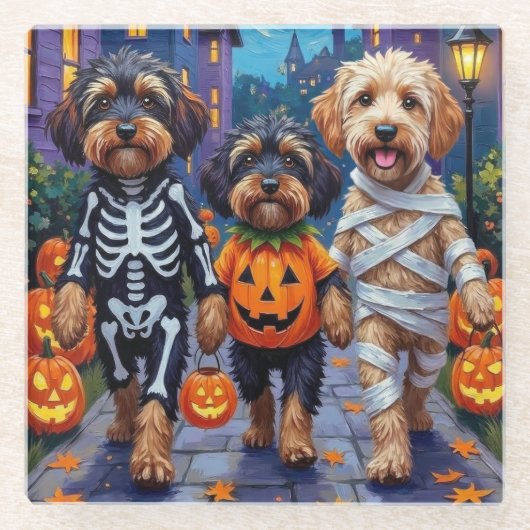 Havanese Dogs Trick-or-Treating Halloween Costumes ガラスコースター (正面)