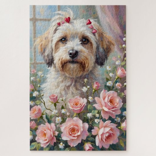 Havanese Peeking from Valentine's Rose Bouquet ジグソーパズル (縦)