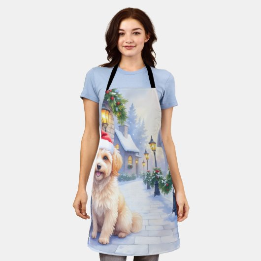 Havanese Snowy Village Walk Santa Hat Christmas エプロン (着用した状態)