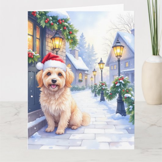 Havanese Snowy Village Walk Santa Hat Christmas カード (正面)