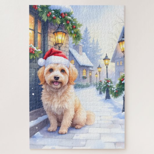 Havanese Snowy Village Walk Santa Hat Christmas ジグソーパズル (縦)