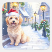 Havanese Snowy Village Walk Santa Hat Christmas スクエアシール (正面)