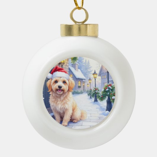 Havanese Snowy Village Walk Santa Hat Christmas セラミックボールオーナメント (正面)