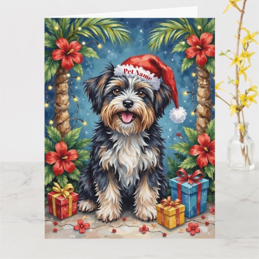 Havanese Tropical Christmas Night Hat カード (黄色い花)